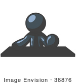 #36876 Clip Art Graphic Of A Dark Blue Guy Character Sitting At A Desk