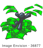 #36877 Clip Art Graphic Of A Dark Blue Guy Character Jumping In A Pile Of Money