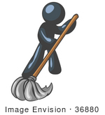 #36880 Clip Art Graphic Of A Dark Blue Guy Character Mopping