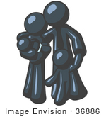 #36886 Clip Art Graphic Of A Dark Blue Guy Character Family Embracing