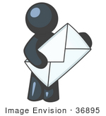 #36895 Clip Art Graphic Of A Dark Blue Guy Character Holding An Envelope