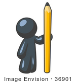 #36901 Clip Art Graphic Of A Dark Blue Guy Character Standing With A Pencil