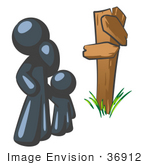 #36912 Clip Art Graphic Of A Dark Blue Guy Character And Child At A Crossroads
