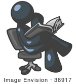 #36917 Clip Art Graphic Of A Dark Blue Guy Character Sitting And Reading