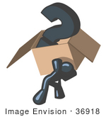 #36918 Clip Art Graphic Of A Dark Blue Guy Character Carrying A Box Of Questions