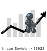 #36923 Clip Art Graphic Of A Dark Blue Guy Character Using A Laptop On A Bar Graph