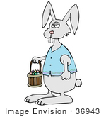 #36943 Clip Art Graphic Of A Tired Gray Easter Bunny Carrying Eggs In A Basket