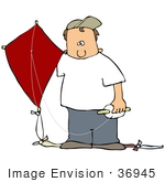 #36945 Clip Art Graphic Of A Cacuasian Boy Holding His Red Kite