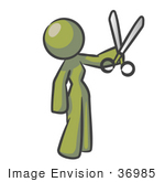 #36985 Clip Art Graphic Of An Olive Green Lady Character Holding Scissors