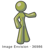 #36986 Clip Art Graphic Of An Olive Green Lady Character Pointing