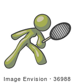 #36988 Clip Art Graphic Of An Olive Green Lady Character Playing Tennis