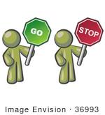 #36993 Clip Art Graphic Of Olive Green Guy Characters Holding Go And Stop Signs