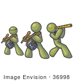 #36998 Clip Art Graphic Of Olive Green Guy Characters Playing Flutes And Drums In A Band