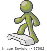 #37002 Clip Art Graphic Of An Olive Green Guy Character Doing Steps At The Gym