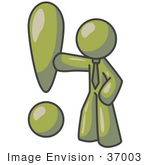 #37003 Clip Art Graphic Of An Olive Green Guy Character With An Exclamation Point
