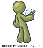#37004 Clip Art Graphic Of An Olive Green Guy Character Reading A Letter