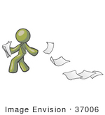 #37006 Clip Art Graphic Of An Olive Green Guy Character Dropping Papers