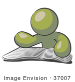 #37007 Clip Art Graphic Of An Olive Green Guy Character Reading The News