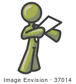 #37014 Clip Art Graphic Of An Olive Green Guy Character Giving A Speech