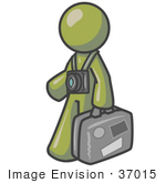#37015 Clip Art Graphic Of An Olive Green Guy Character Tourist With A Camera And Luggage
