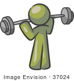 #37024 Clip Art Graphic Of An Olive Green Guy Character Working Out With A Barbell