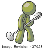 #37028 Clip Art Graphic Of An Olive Green Guy Character Singing And Tilting A Microphone