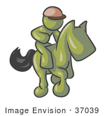 #37039 Clip Art Graphic Of An Olive Green Guy Character Jockey Racing A Horse