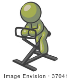 #37041 Clip Art Graphic Of An Olive Green Guy Character Exercising On A Stationary Bike