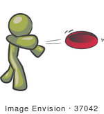 #37042 Clip Art Graphic Of An Olive Green Guy Character Throwing A Frisbee