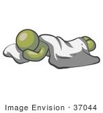 #37044 Clip Art Graphic Of An Olive Green Guy Character Sleeping With A Pillow And Sheet