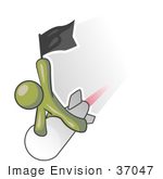 #37047 Clip Art Graphic Of An Olive Green Guy Character Riding A Rocket