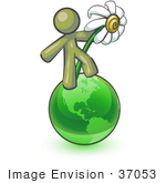 #37053 Clip Art Graphic Of An Olive Green Guy Character On A Globe With A Daisy