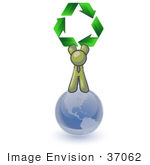 #37062 Clip Art Graphic Of An Olive Green Guy Character On A Globe Holding Recycle Arrows