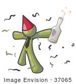 #37065 Clip Art Graphic Of An Olive Green Guy Character Partying