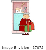 #37072 Clip Art Graphic Of Santa Taking A Shower While Mrs Claus Fetches Him A Towel