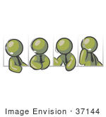 #37144 Clip Art Graphic Of Olive Green Guy Characters In Different Poses Talking On Headsets