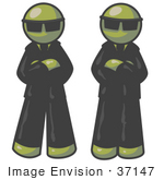 #37147 Clip Art Graphic Of Olive Green Guy Characters Guarding An Entrance