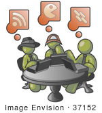 #37152 Clip Art Graphic Of Olive Green Guy Characters Using Laptops In An Internet Cafe