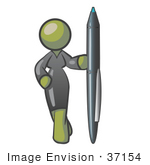 #37154 Clip Art Graphic Of An Olive Green Lady Character Standing With A Pen