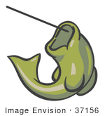 #37156 Clip Art Graphic Of An Olive Green Fish On A Hook