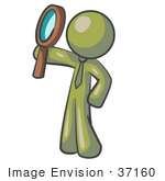 #37160 Clip Art Graphic Of An Olive Green Guy Character Holding Up A Magnifying Glass