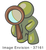 #37161 Clip Art Graphic Of An Olive Green Guy Character Kneeling And Using A Magnifying Glass