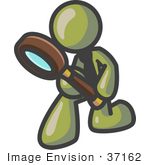 #37162 Clip Art Graphic Of An Olive Green Guy Character Using A Magnifying Glass