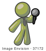 #37172 Clip Art Graphic Of An Olive Green Guy Character Holding A Microphone