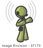 #37173 Clip Art Graphic Of An Olive Green Guy Character Talking On A Headset With Sound Waves