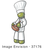 #37176 Clip Art Graphic Of An Olive Green Guy Character Chef Mixing Ingredients