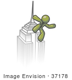 #37178 Clip Art Graphic Of An Olive Green Guy Character On A Skyscraper