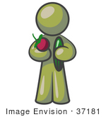 #37181 Clip Art Graphic Of An Olive Green Guy Character Holding Veggies