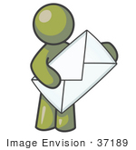 #37189 Clip Art Graphic Of An Olive Green Guy Character Holding An Envelope