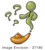 #37190 Clip Art Graphic Of An Olive Green Guy Character Emerging From A Genie Lamp